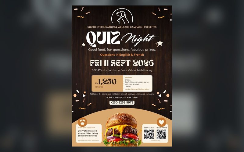 The Quiz Night poster — Friday 11 September 2026, 6:30pm at Le Jardin de Beau Vallon, Mahébourg, Rs 1,250 per person including dinner