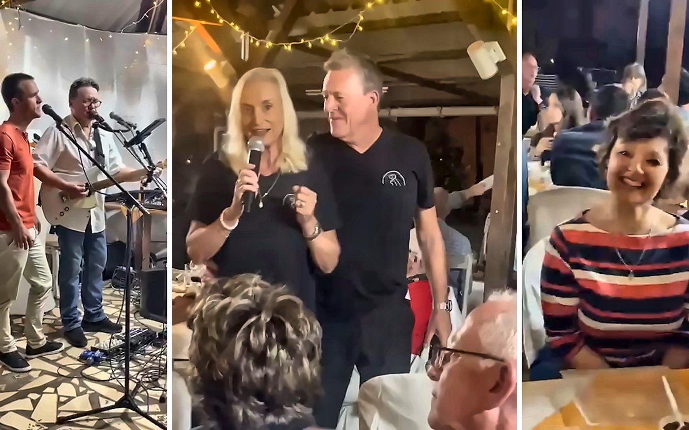 Three scenes from Quiz Night: the live band playing, two SSWC members hosting with a microphone under fairy lights, and a smiling guest at her table