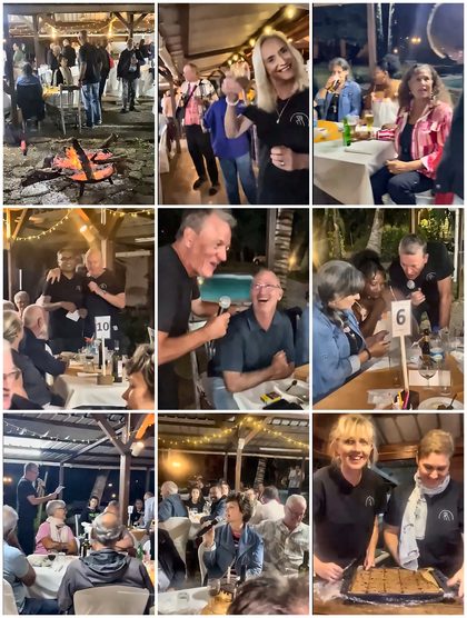 Collage of nine moments from Quiz Night: a fire pit at the entrance, guests at numbered tables, the quizmasters with the microphone, a full room under fairy lights and a tray of dessert