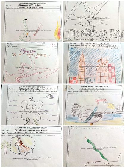 Collage of eight hand-drawn animal movie posters from the quiz's creative round, including 007 Python, The Barking Hare and A Dodo in New York