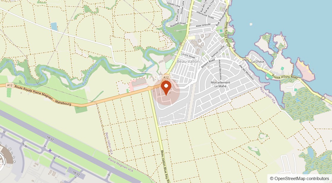 Map showing Le Jardin de Beau Vallon on the Route Royale at Beau Vallon, between Mahébourg and the airport